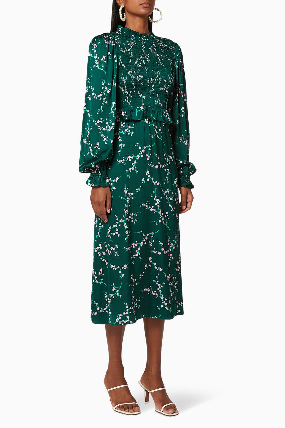Shop Kitri Green Marcia Cherry Blossom Smocked Dress for Women | Ounass ...