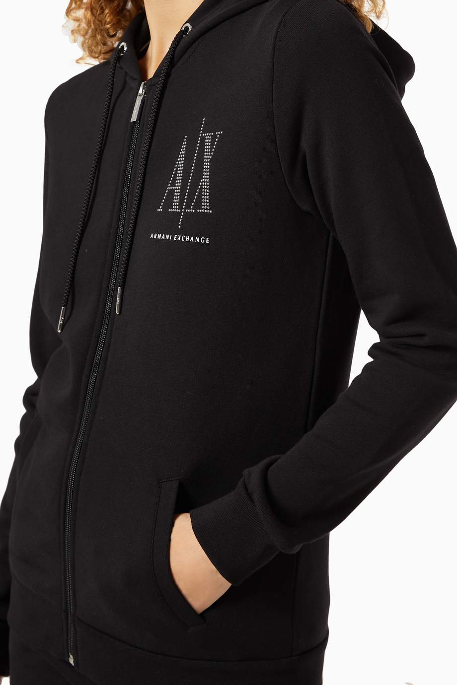 Shop Armani Exchange Black Icon Logo Cotton Zip Hoodie for Women