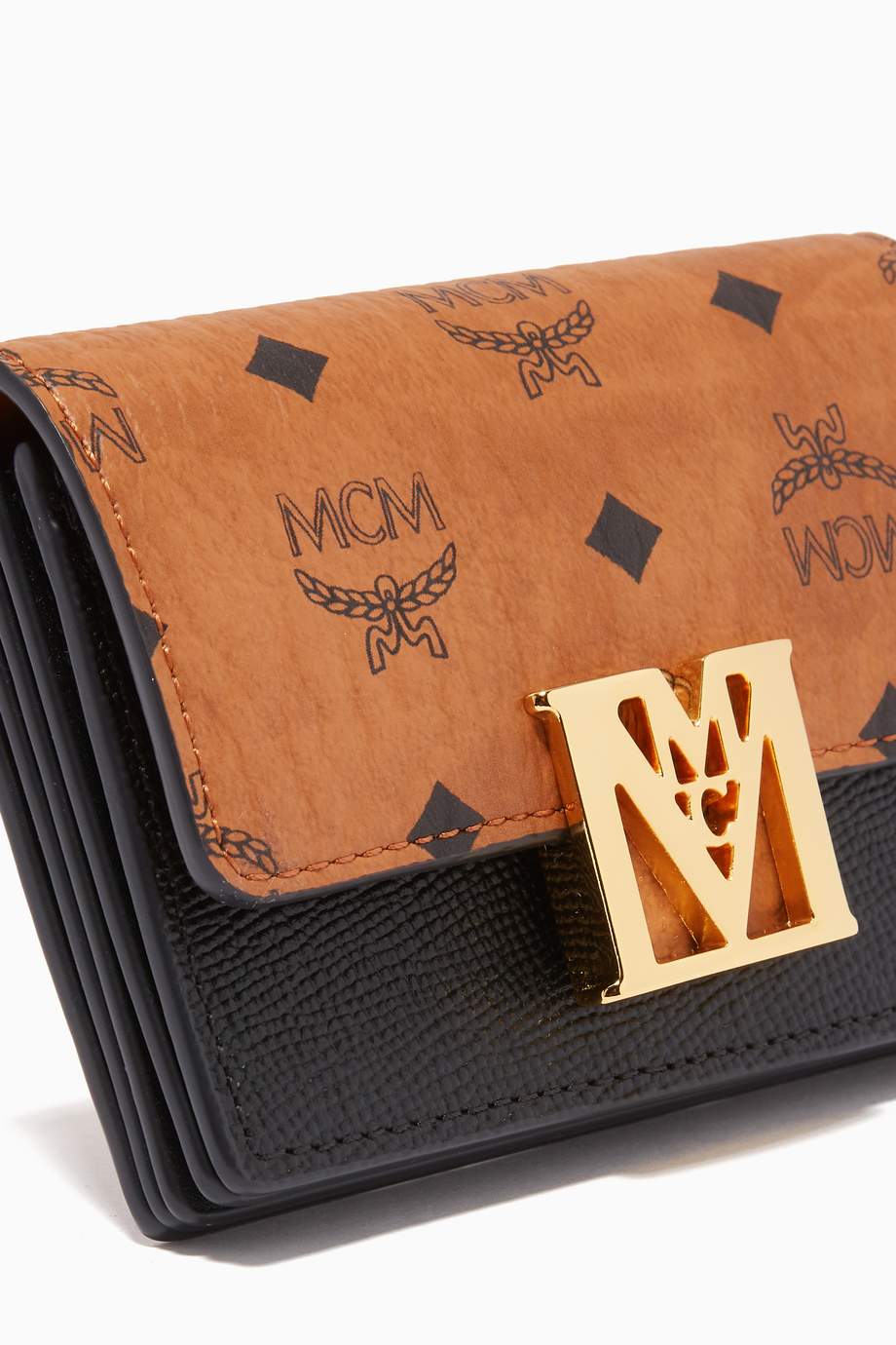 Shop MCM Black Mini Mena Accordion Card Holder in Visetos & Leather for