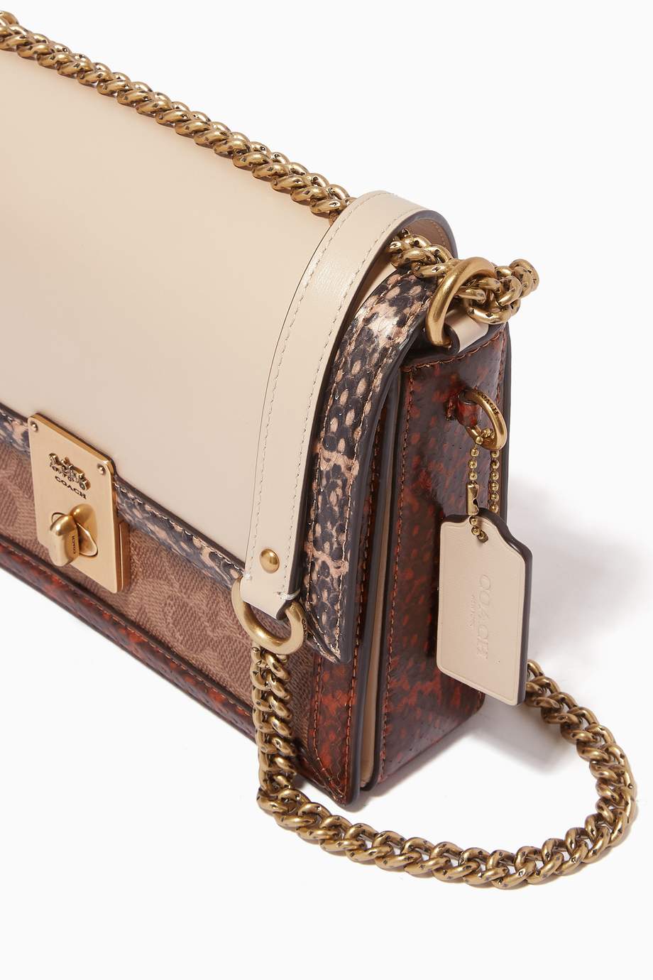 Shop Coach Brown Hutton Shoulder Bag with Snakeskin in Signature Canvas & Leather for Women