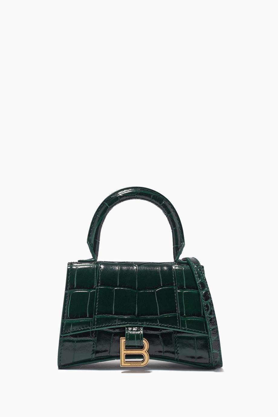 Shop Balenciaga Green Hourglass Nano Top Handle Bag in Shiny Crocodile ...