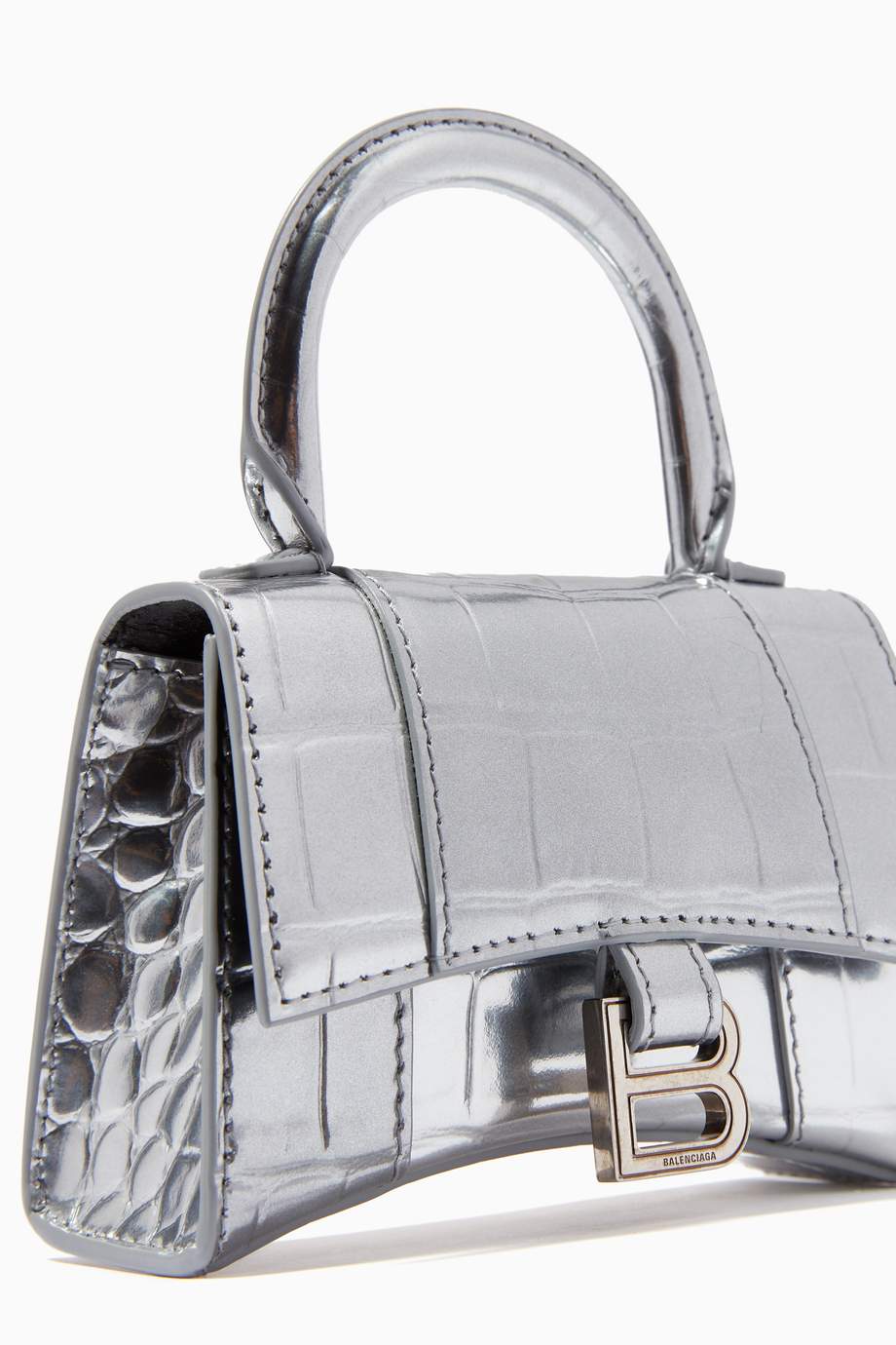 Shop Balenciaga Silver Hourglass Mini Top Handle Bag in Metallic