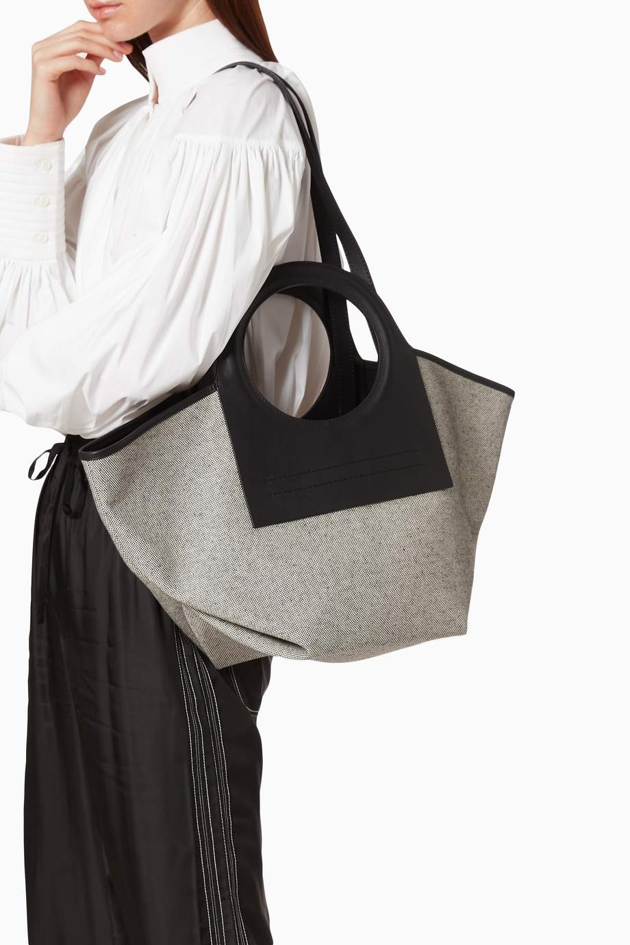 Shop Hereu Black Cala Small Tote Bag in Canvas & Leather for Women ...