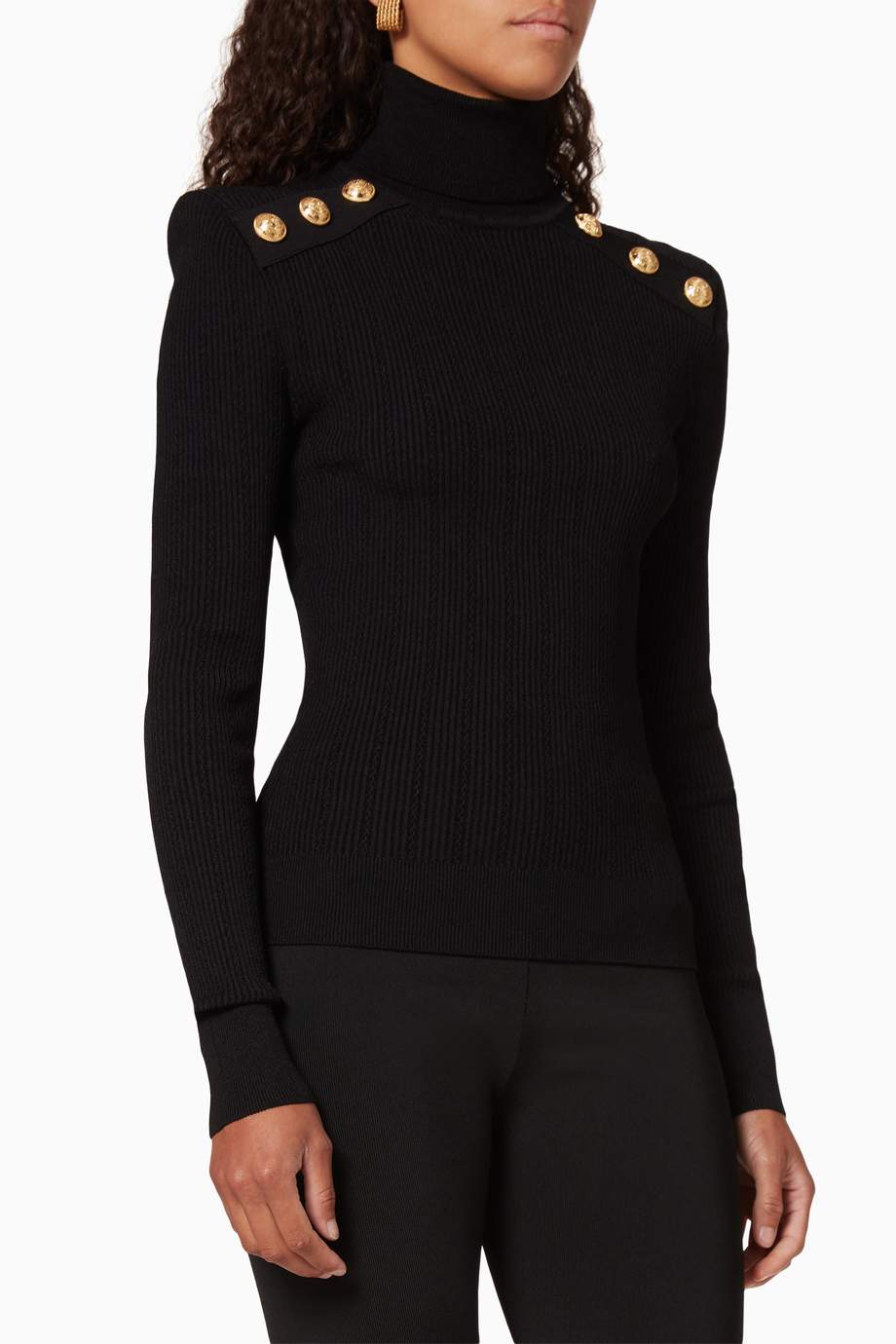 Shop Balmain Black Button-Embellished Turtleneck Sweater for Women ...