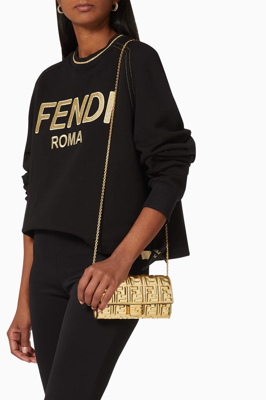 Shop Fendi Gold Baguette Continental Wallet on Chain in FF-Embossed ...