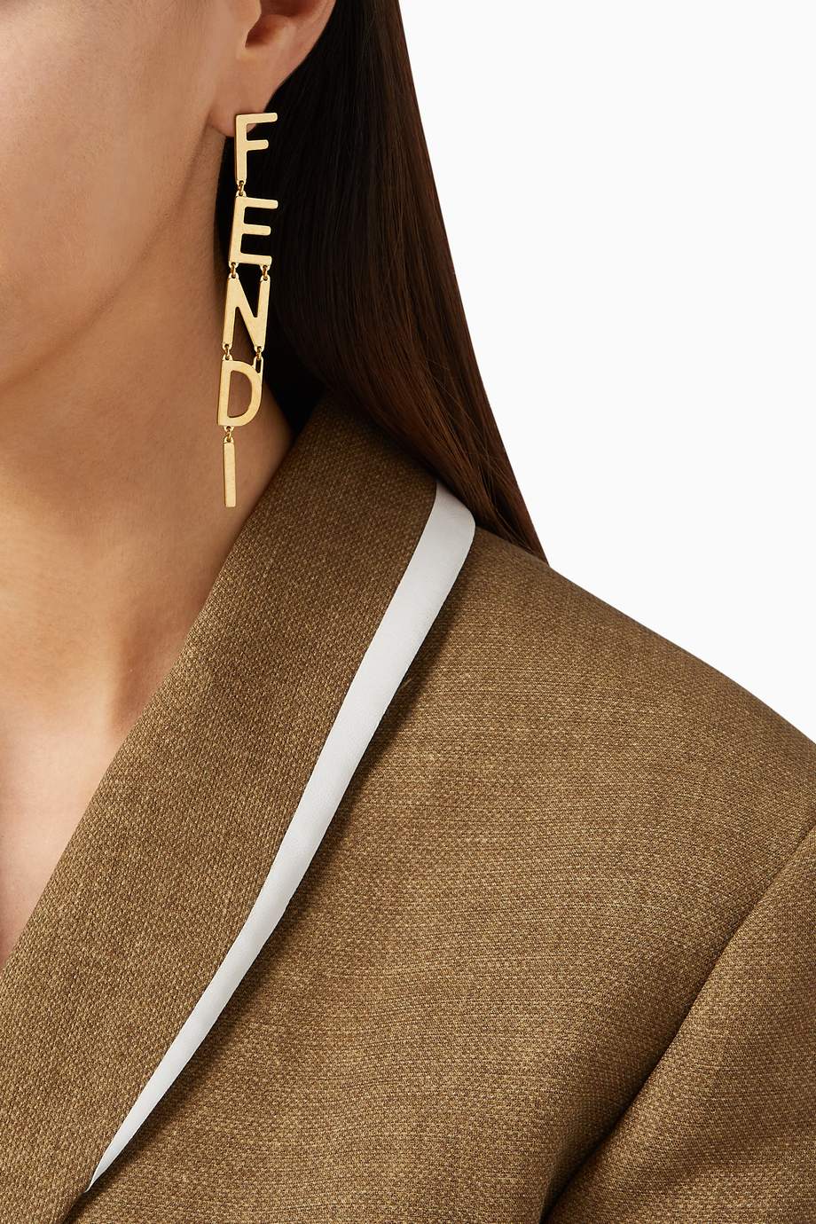 Shop Fendi Gold Signature Logo Pendant Earrings in Brass for Women