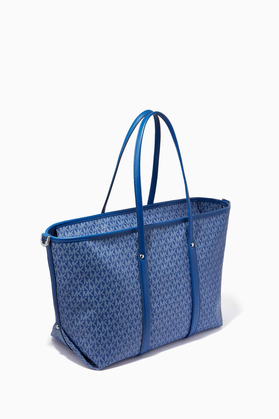 Shop Michael Kors Blue Large Beck Tote Bag in Logo Canvas and Leather ...