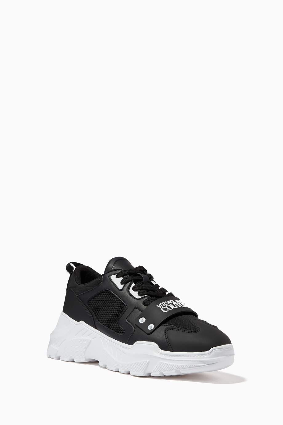 Shop Versace Jeans Black Logo Patch Chunky Sole Sneakers in Leather for ...