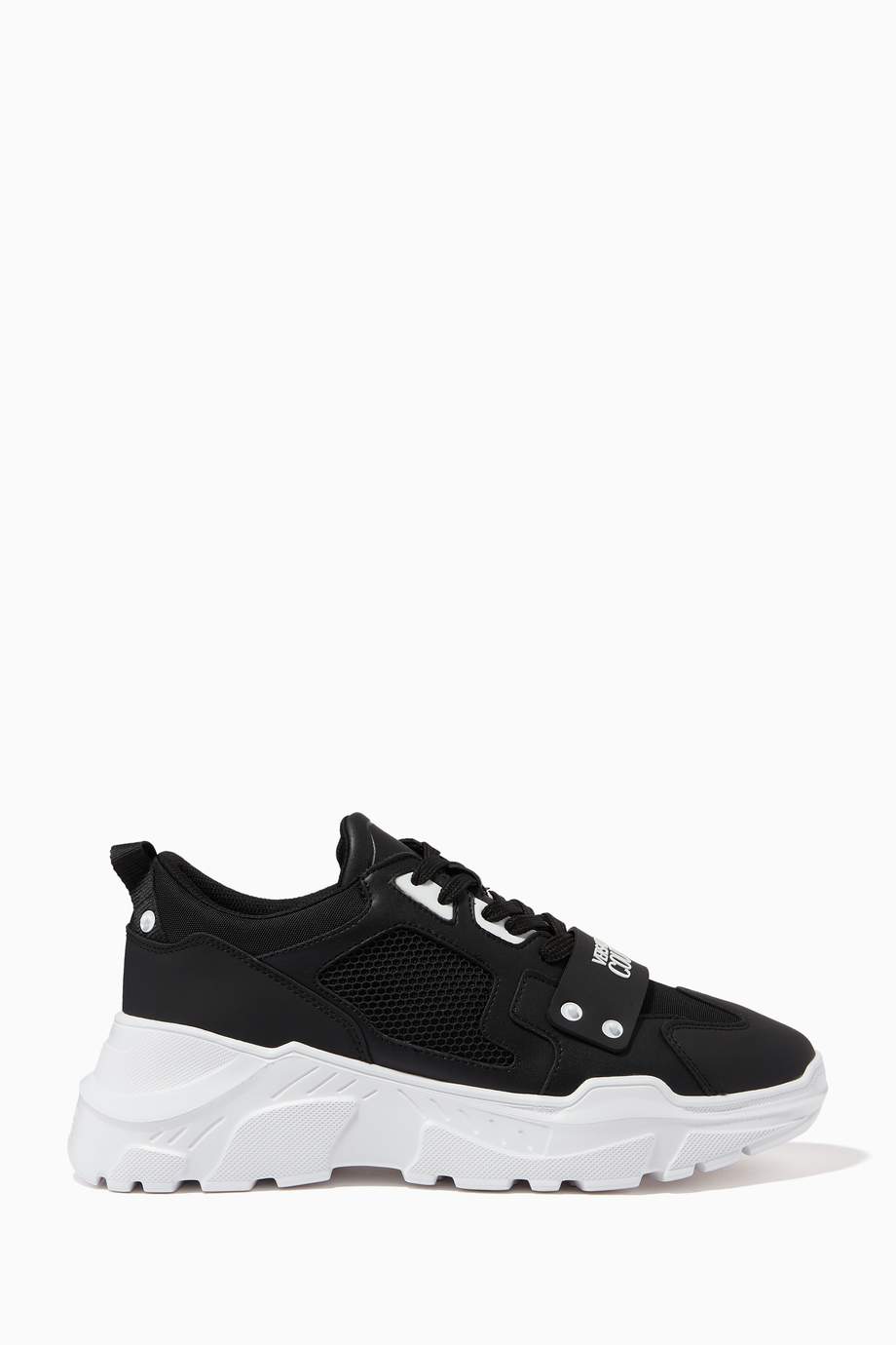 Shop Versace Jeans Black Logo Patch Chunky Sole Sneakers in Leather for ...