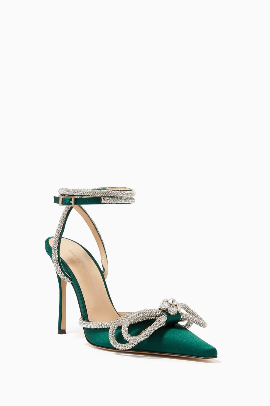 Shop Mach&Mach Green Double Crystal Bow Pumps in Silk Satin for Women ...