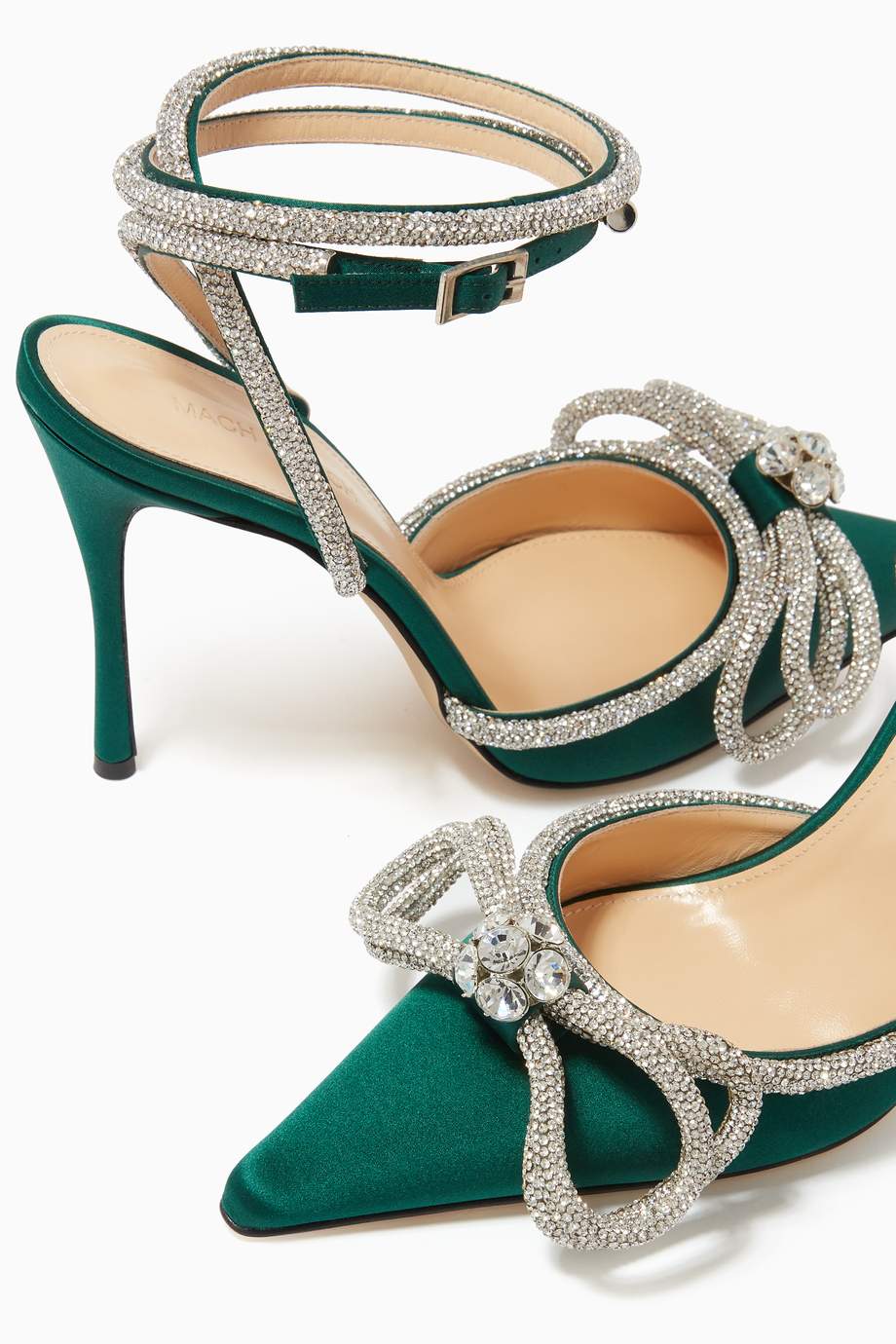 Shop Mach&Mach Green Double Crystal Bow Pumps in Silk Satin for Women ...