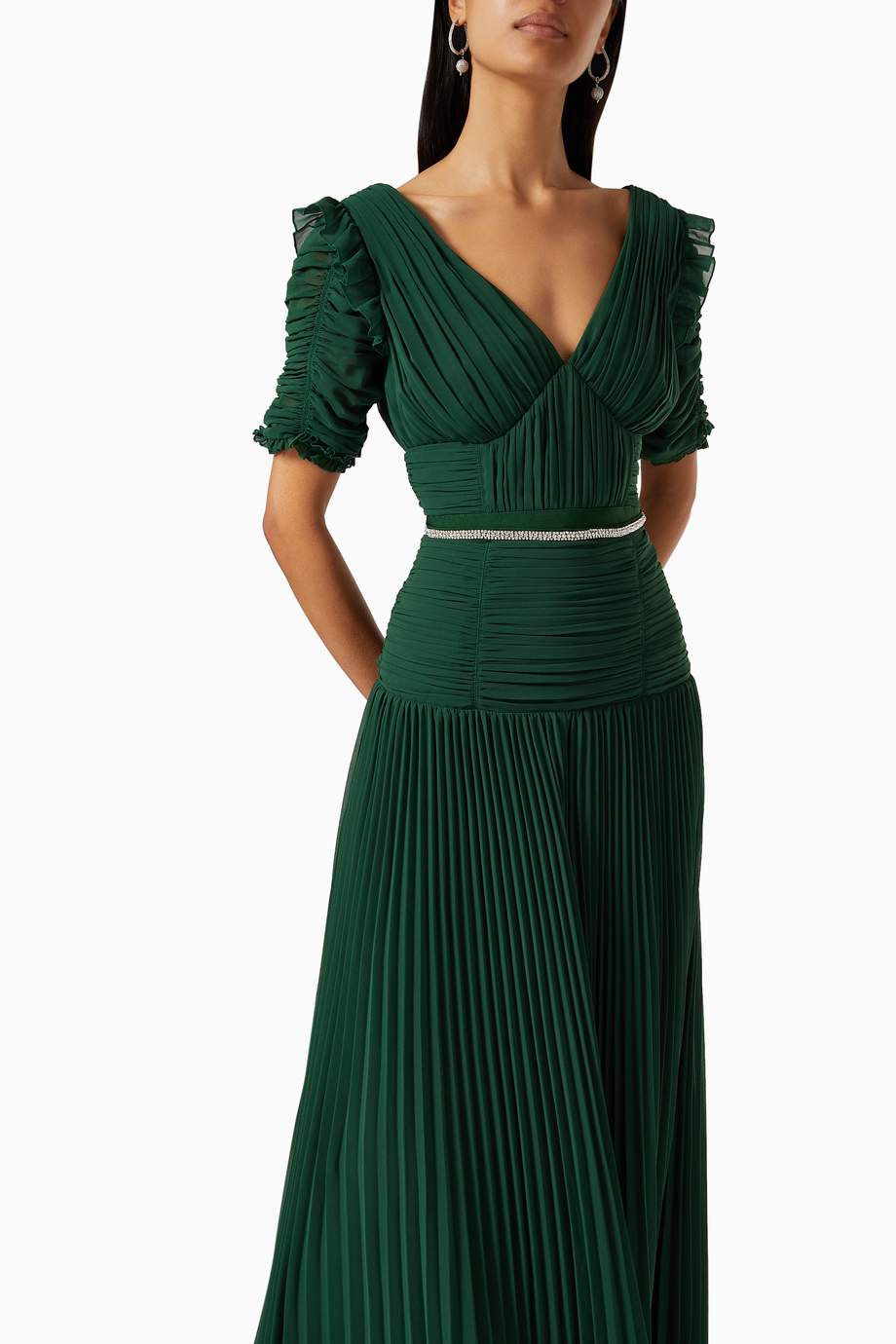 Shop Self-Portrait Green Pleated Chiffon Maxi Dress for Women | Ounass ...