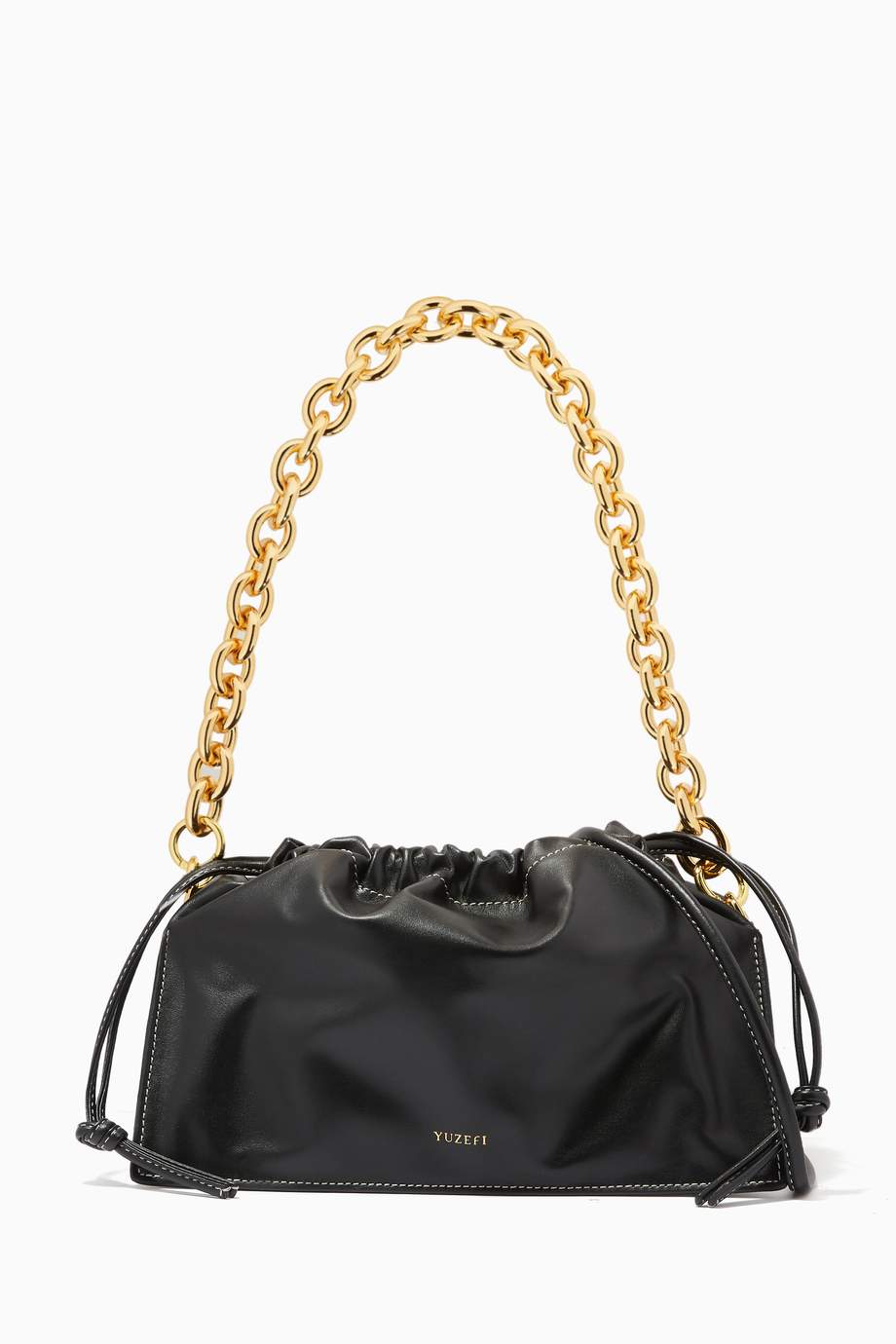 Shop YUZEFI Black Bom Shoulder Bag with Chain Handle in Leather for