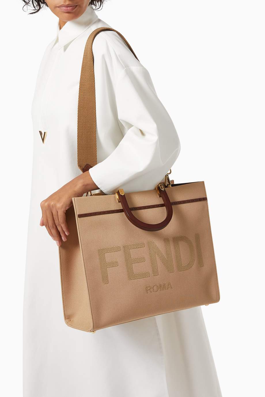 Shop Fendi Neutral Medium Sunshine Tote Bag in Canvas for Women