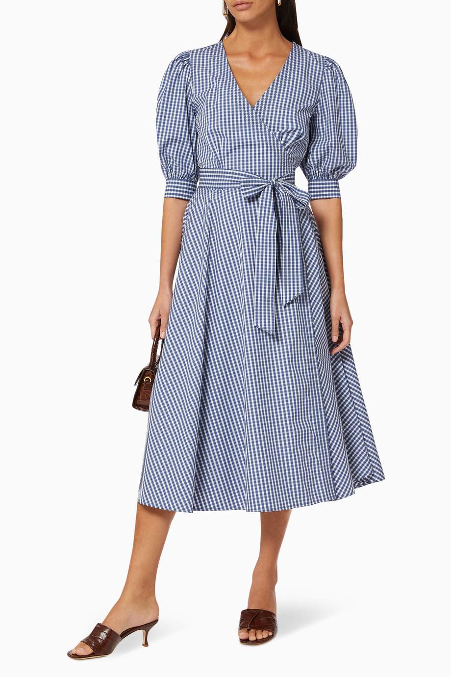 Shop Polo Ralph Lauren Blue Gingham Cotton Wrap Dress for Women ...