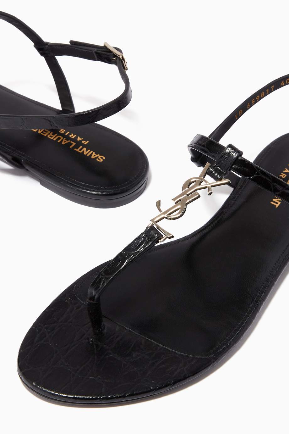 Shop SAINT LAURENT Black Cassandra Monogram Flat Sandals in Patent Croc ...