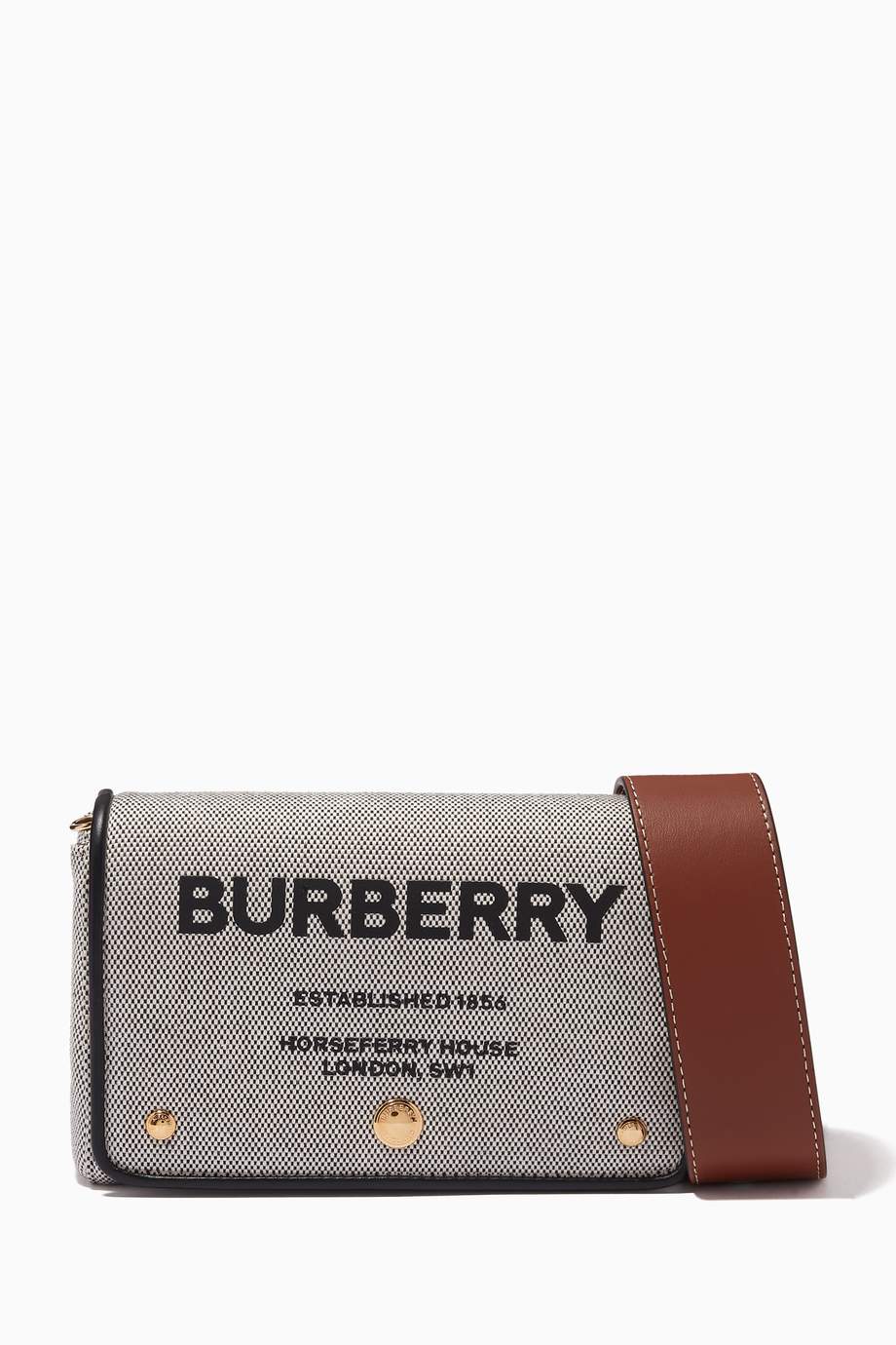 Shop Burberry Black Hackberry Horseferry Print Crossbody Bag in Leather