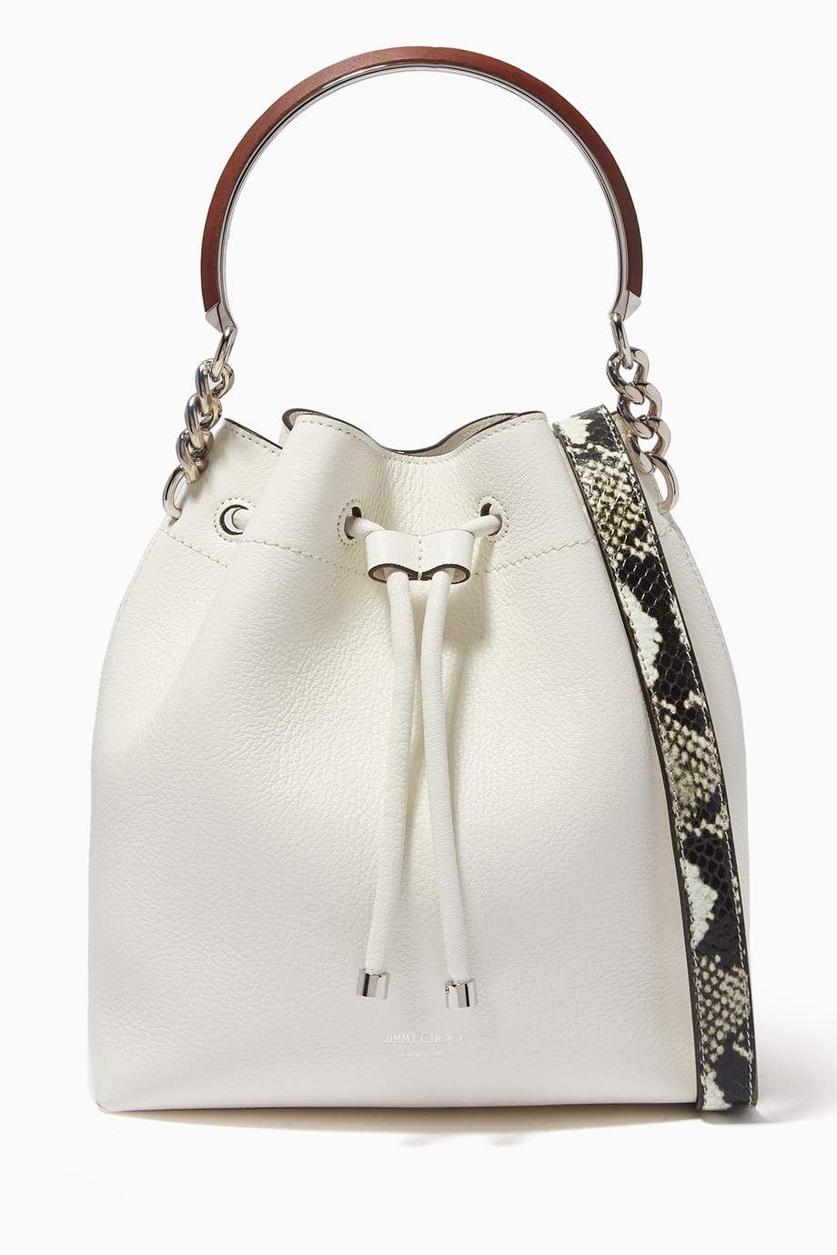 Shop Jimmy Choo White Bon Bon Bucket Bag in Grainy Leather for Women