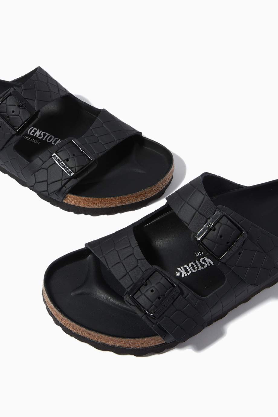 Shop Birkenstock Black Arizona Sandals in Croc Embossed Natural Leather ...
