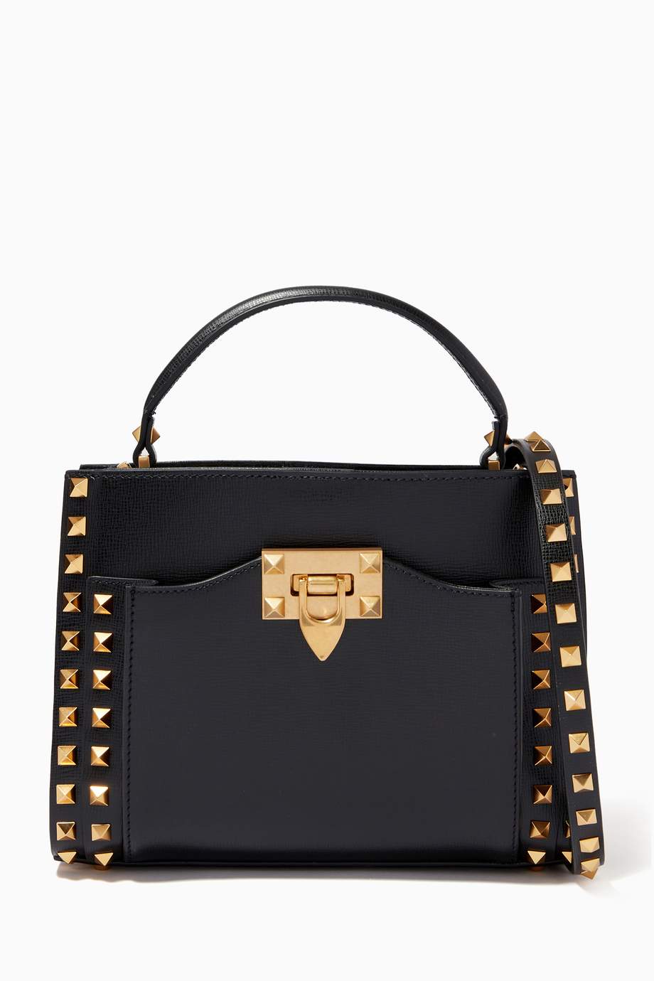 Shop Valentino Black Valentino Garavani Rockstud Top Handle Bag in