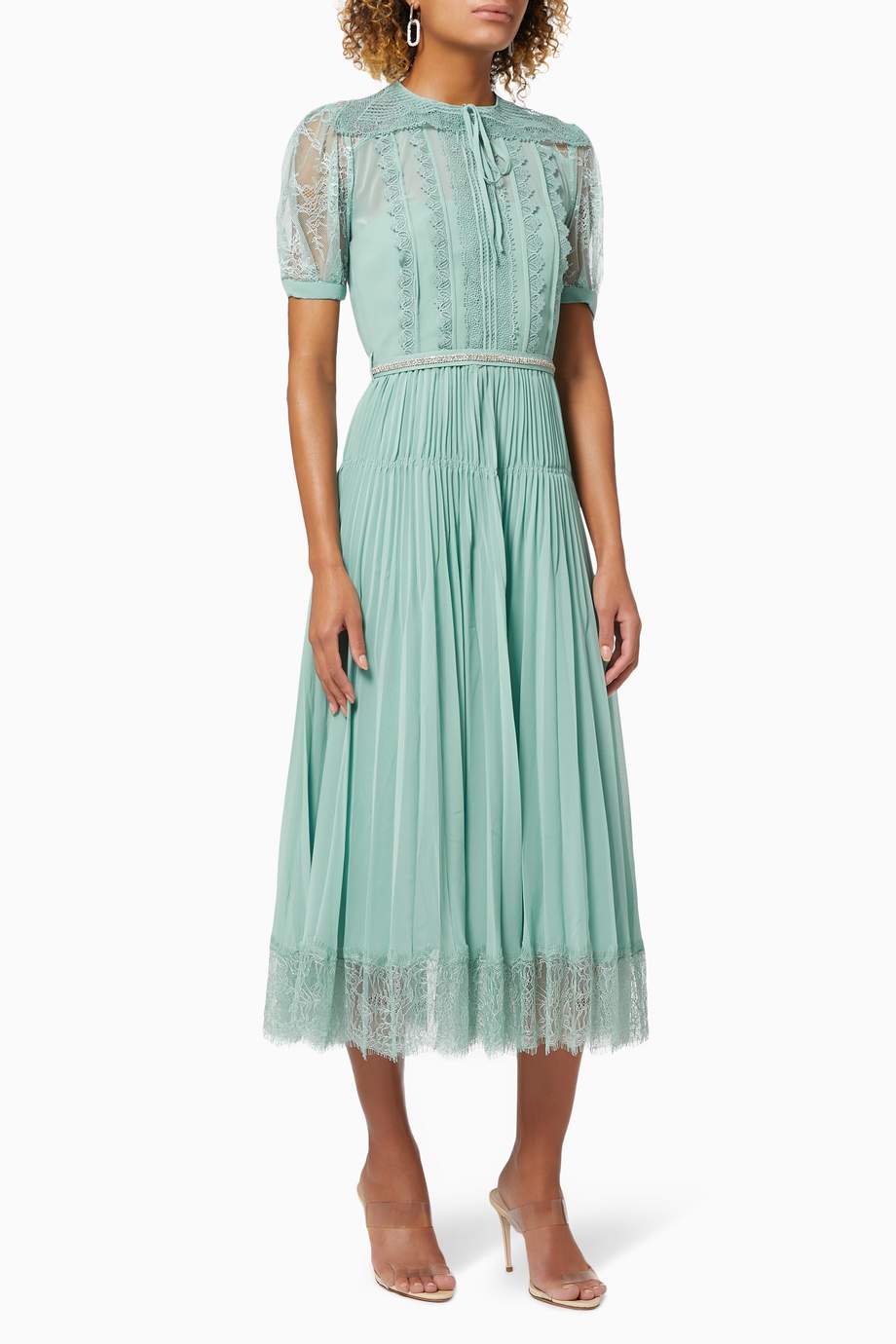 Shop SelfPortrait Green Diamante Belt Lace Dress in Chiffon for Women