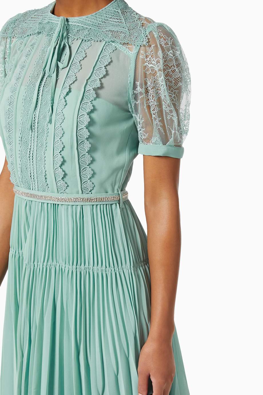 Shop SelfPortrait Green Diamante Belt Lace Dress in Chiffon for Women