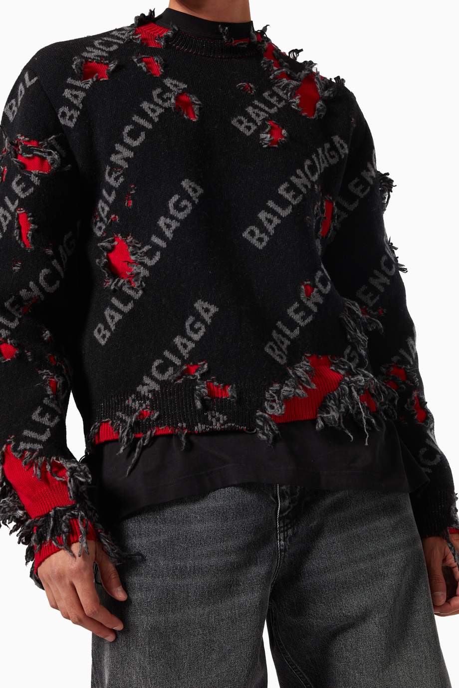 Shop Balenciaga Black Allover Logo Repatch Crewneck Sweater in