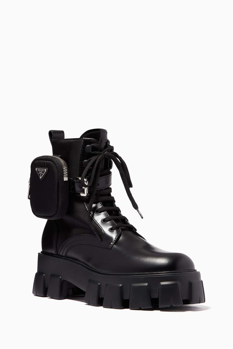 Shop Prada Black Monolith Combat Boots in Brushed Rois Leather & Nylon ...