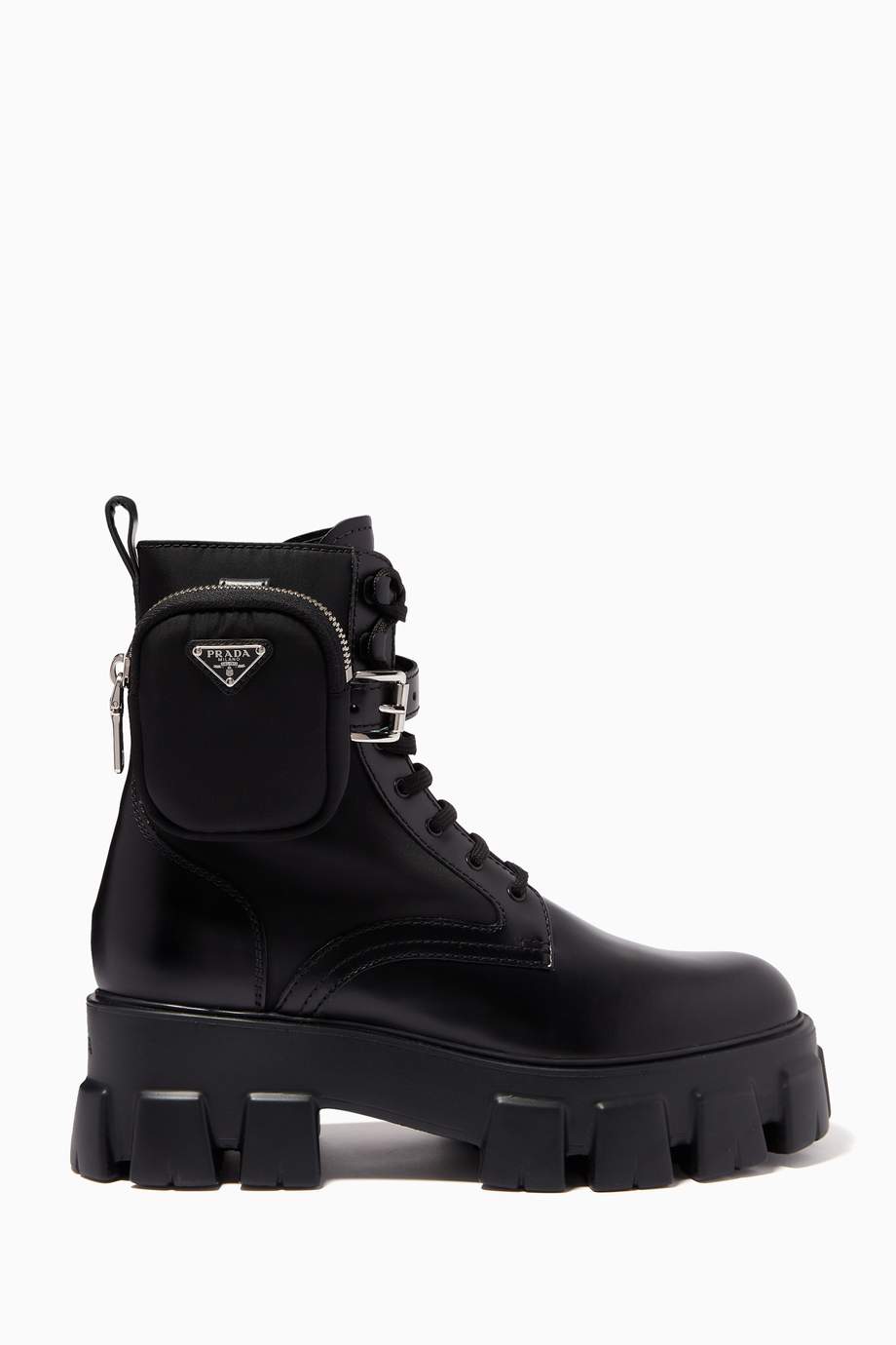 Shop Prada Black Monolith Combat Boots in Brushed Rois Leather & Nylon ...