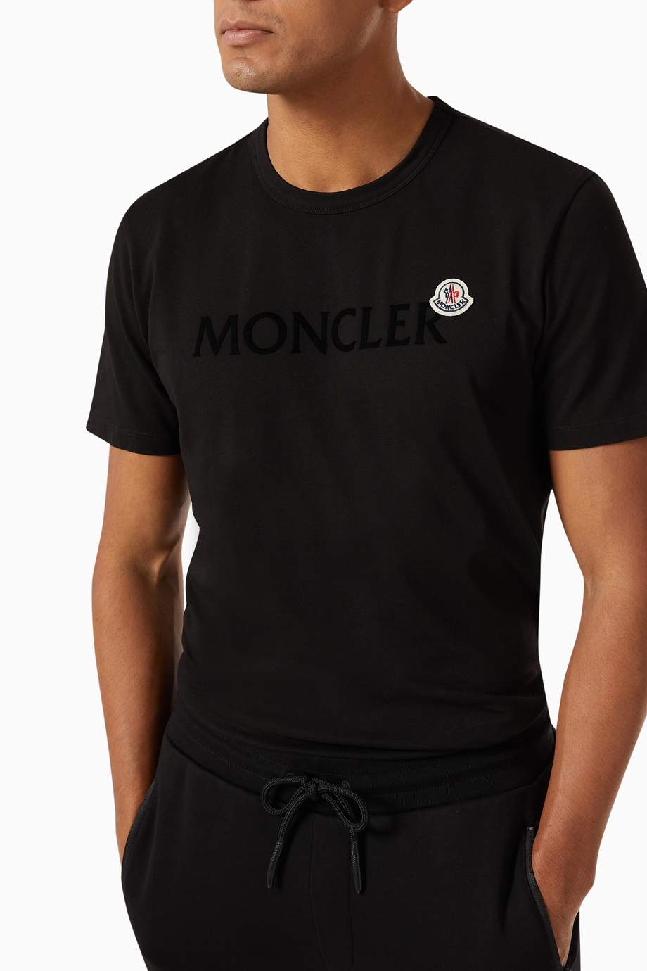 Shop Moncler Black Flocked Logo Tshirt in Cotton Jersey for Men