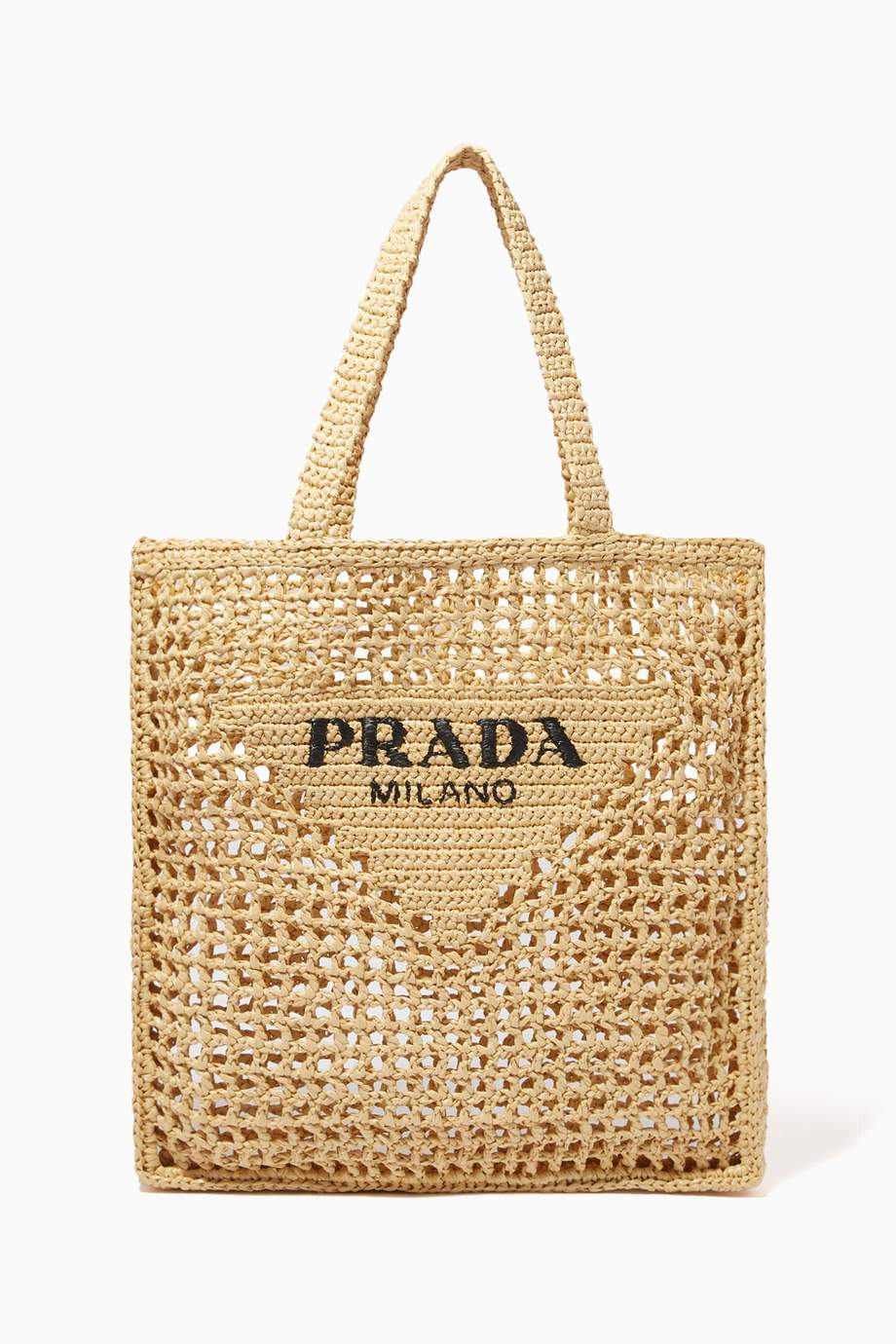 Shop Prada Neutral Logo Tote Bag in Raffia for Women | Ounass UAE
