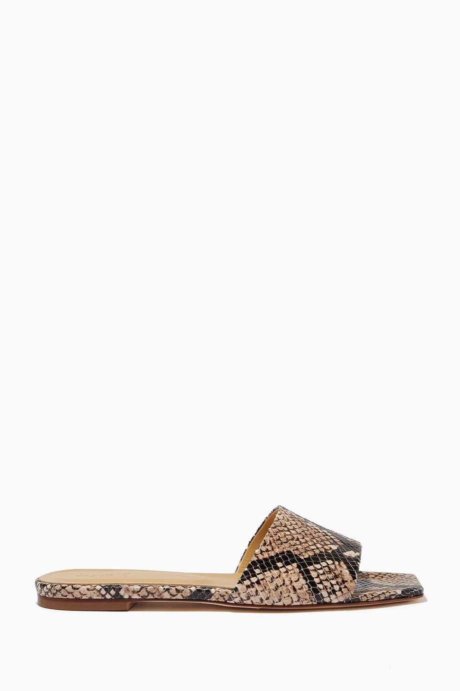 Shop Aeyde Neutral Anna Flat Sandals in Python Print Calf Leather for ...