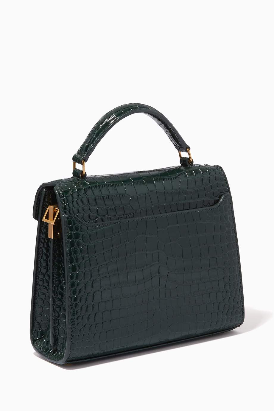 Shop SAINT LAURENT Green Mini Cassandra Top Handle Bag in Crocembossed