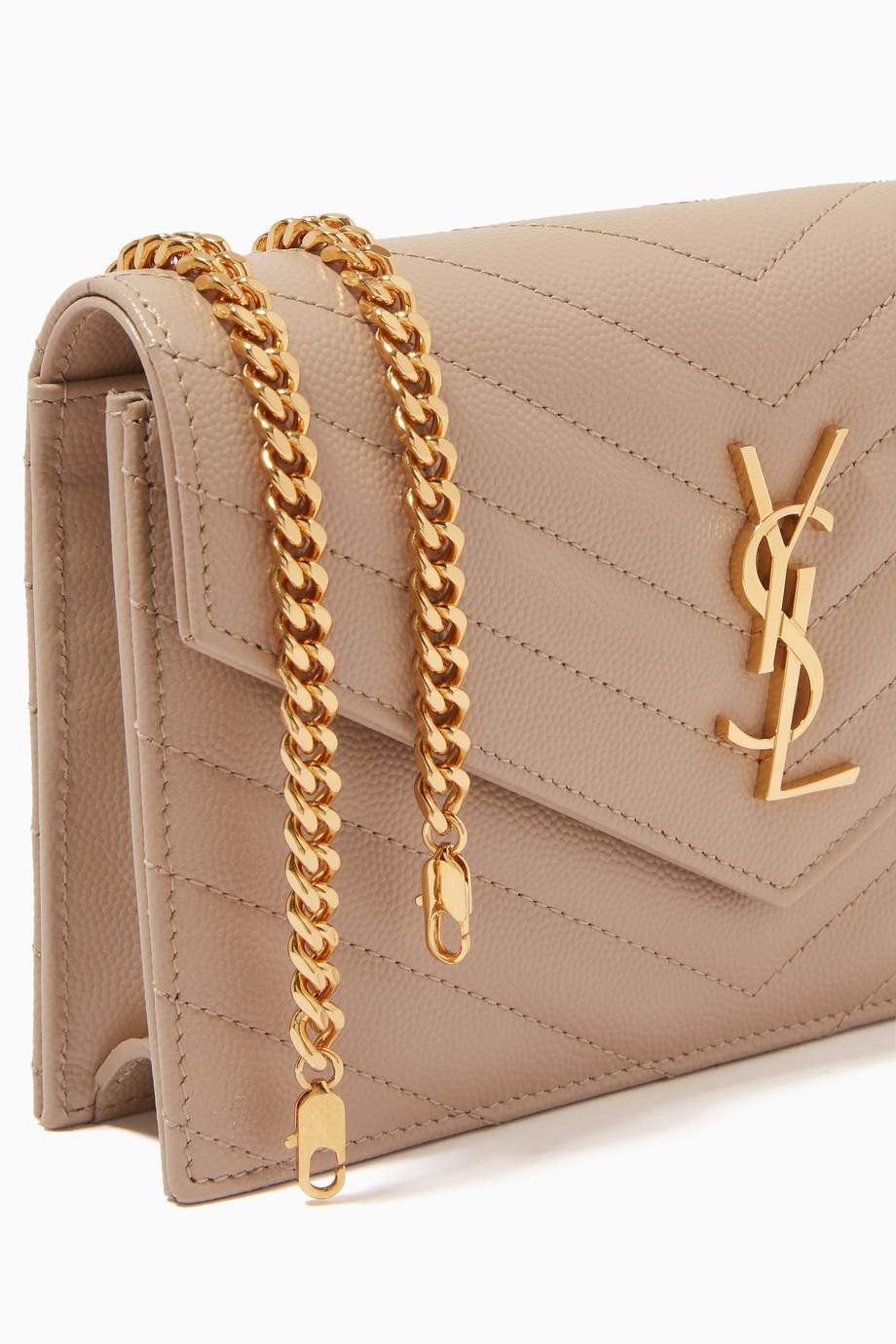 Shop SAINT LAURENT Neutral Monogram Envelope Chain Wallet in Grain de