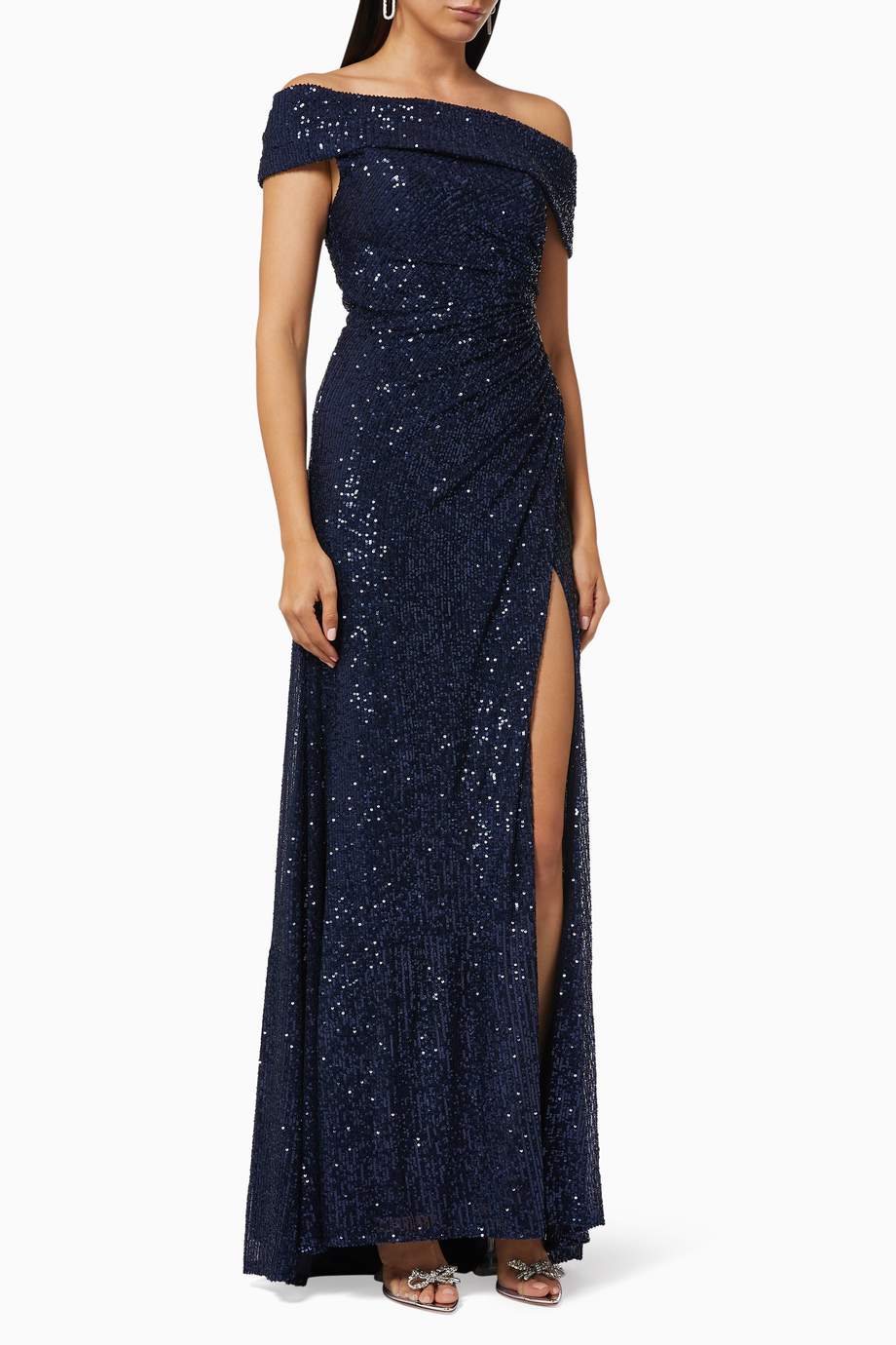 la femme ruched sequin gown