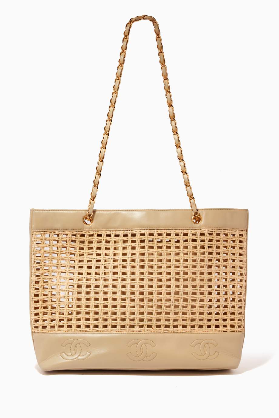 Shop Chanel Vintage Gold Triple CC Tote Bag in Lambskin & Straw for Women | Ounass UAE