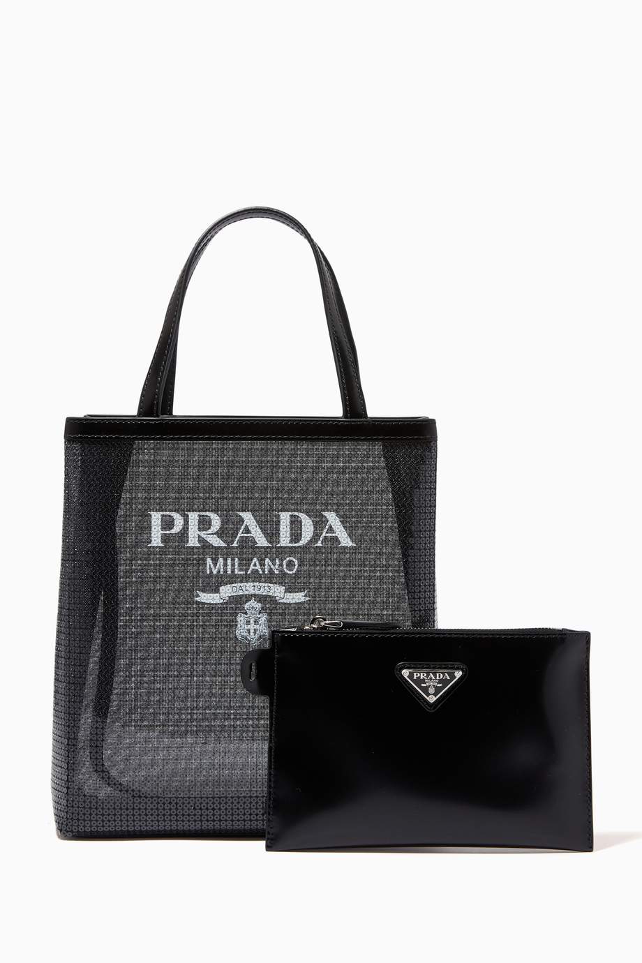Shop Prada Black Sequinned Logo Tote Bag in Mesh for Women | Ounass UAE