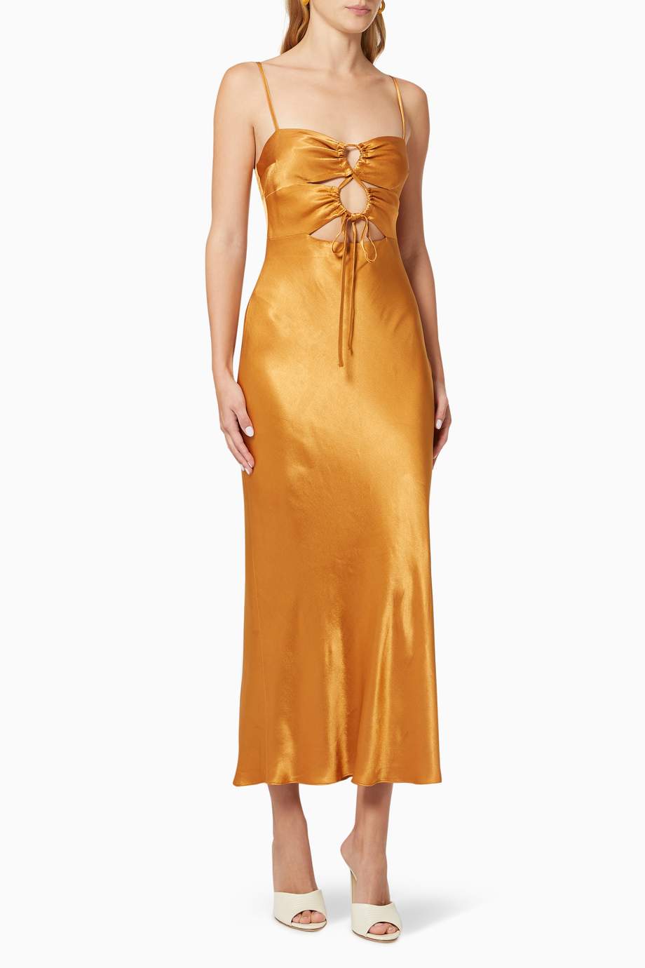 Shop Shona Joy Orange Alma Lace Up Midi Dress In Satin For Women Ounass Oman