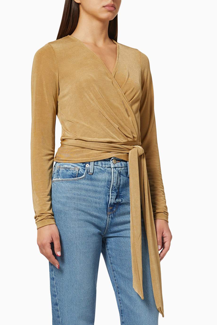 Shop Good American Gold Wrap Top In Shimmer Jersey For Women Ounass Oman