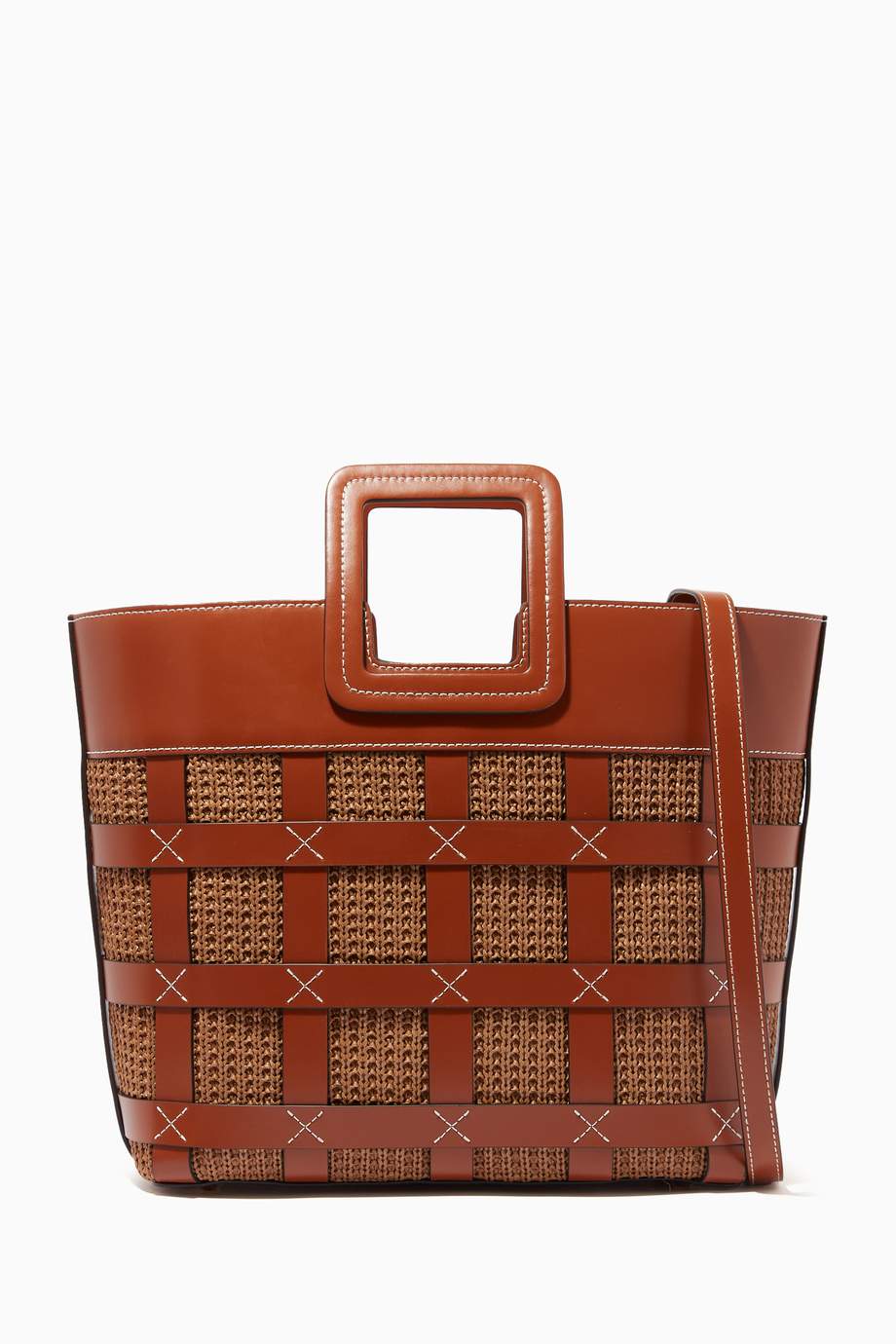 Shop Staud Brown Shirley Tote Bag in Raffia & Leather for Women | Ounass UAE