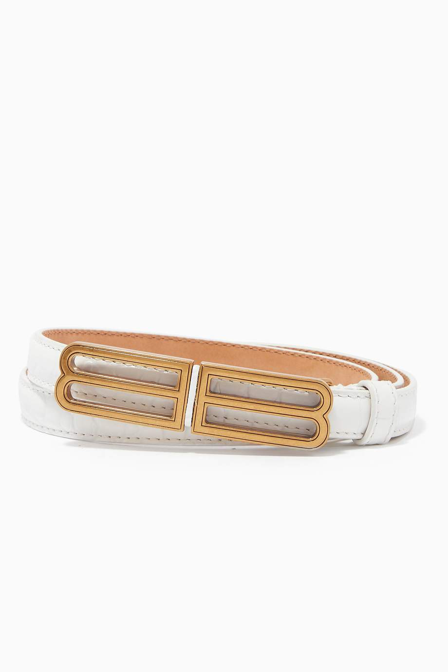 Shop Balenciaga Neutral BB Stretch Thin Belt In Shiny Crocodile Embossed Calfskin For Women 