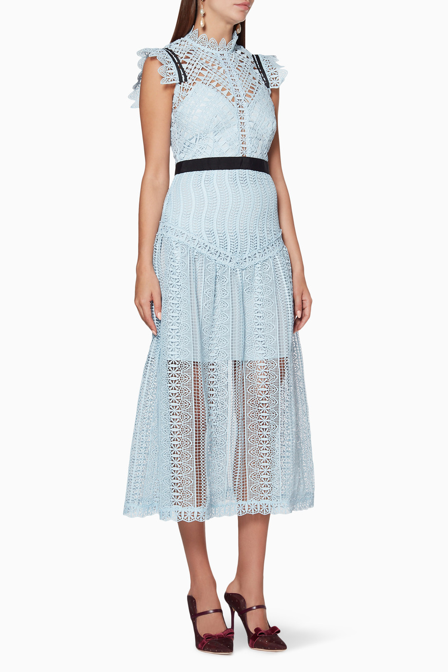 Shop Self Portrait Blue Blue Abstract Triangle Lace Midi Dress For