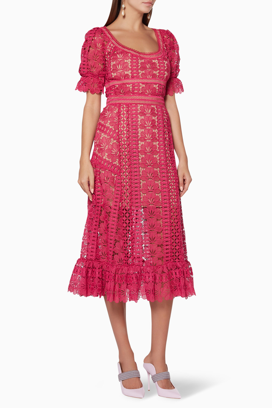 Shop Self-Portrait Pink Fuchsia Lace Midi Dress for Women | Ounass UAE