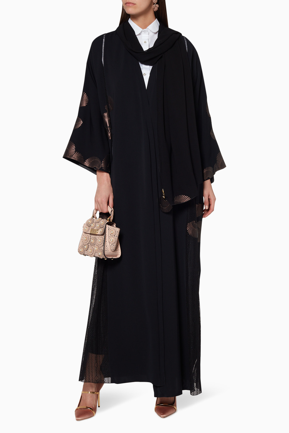 Shop Mauzan Black Black Feather Leather  Rivet Abaya  With 
