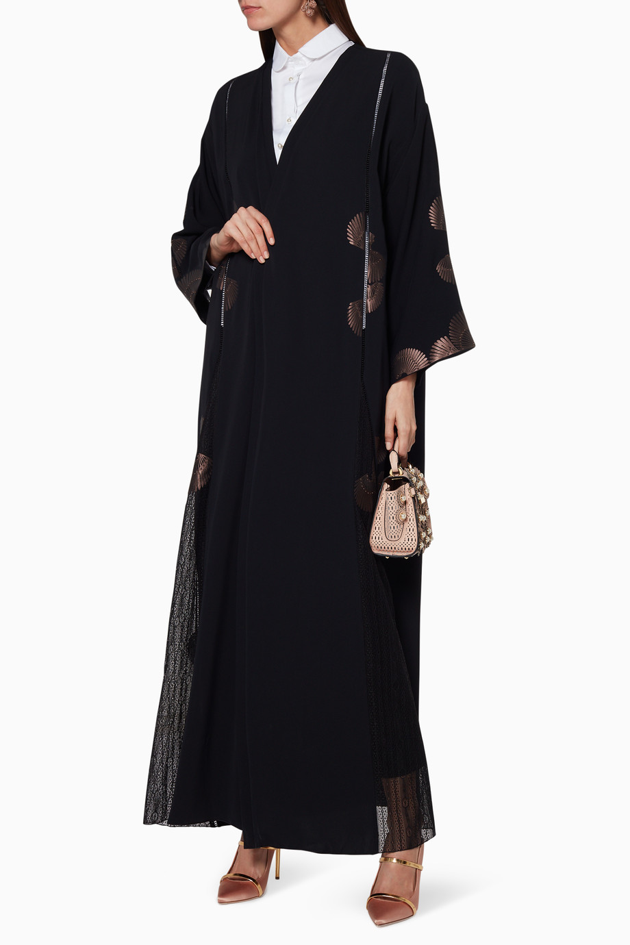 Shop Mauzan Black Black Feather Leather  Rivet Abaya  With 