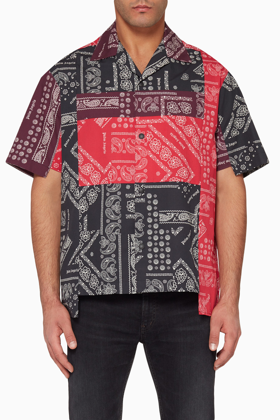 Shop Palm Angels Black Bandana-Print Patchwork Bowling Shirt for Men ...
