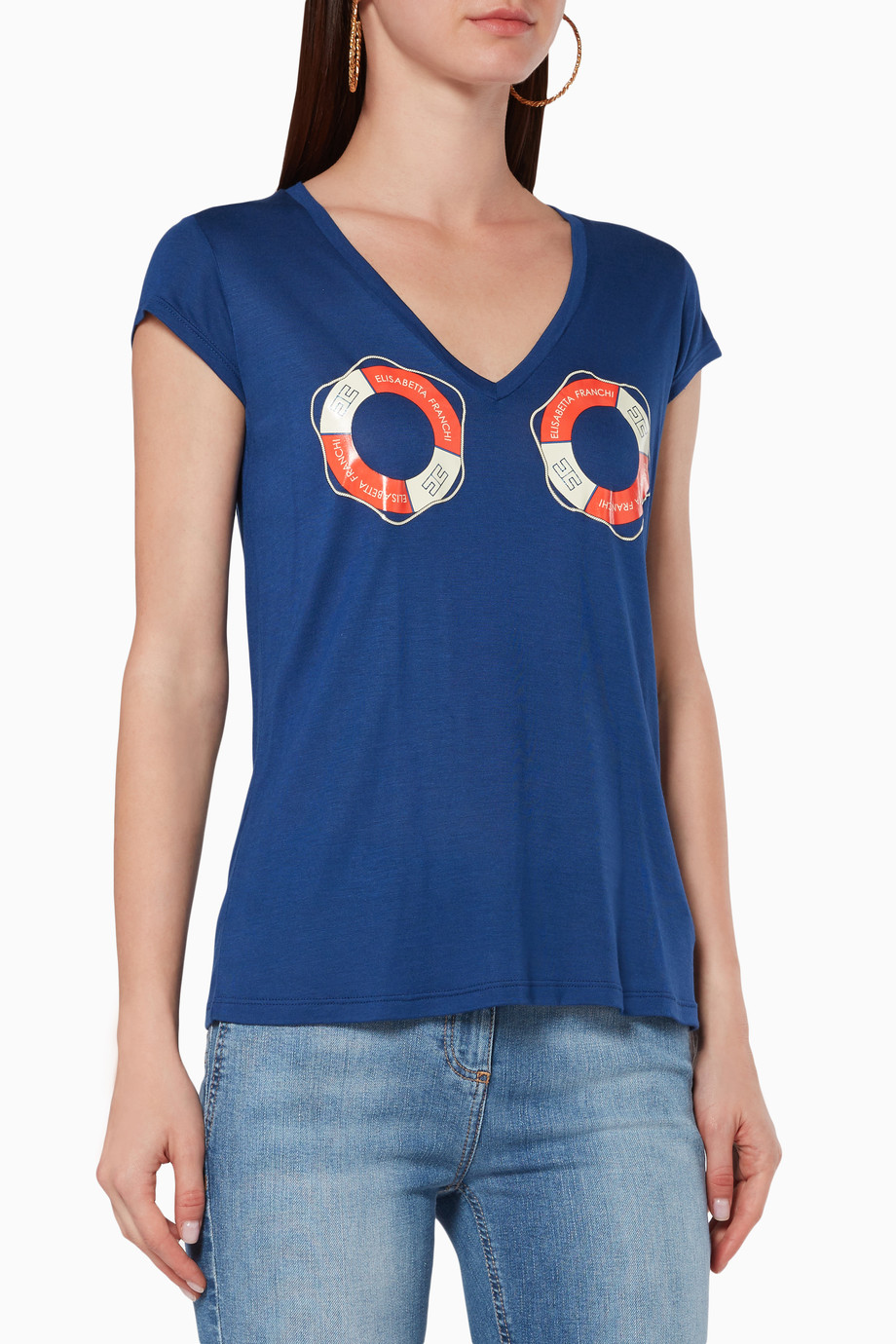 Shop Elisabetta Franchi Blue Life Jacket Jersey T Shirt For Women