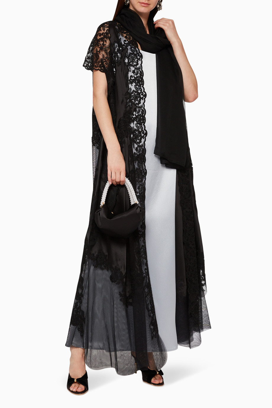 Shop Pearl Haute  Couture  Black Organza Lace Abaya  for 