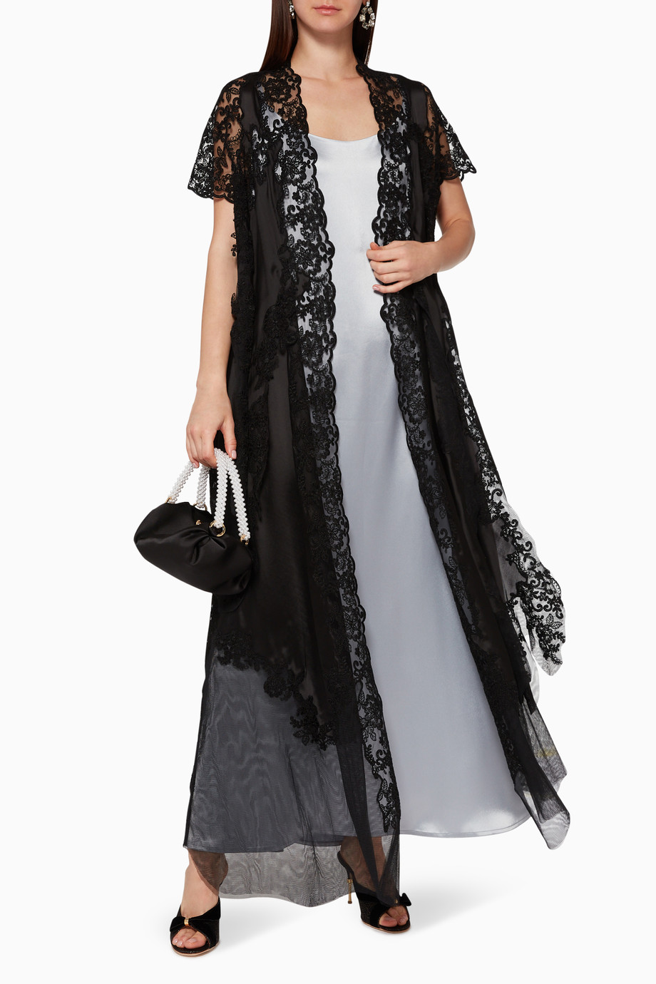 Shop Pearl Haute  Couture  Black Organza Lace Abaya  for 