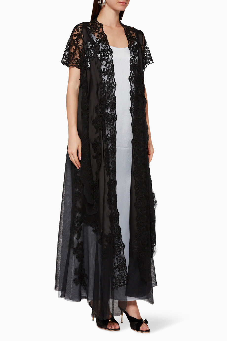 Shop Pearl Haute  Couture  Black Organza Lace Abaya  for 